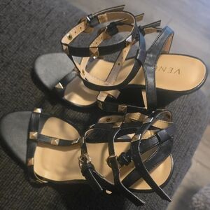 VENUS Black and Gold Studded Wedge Sandals